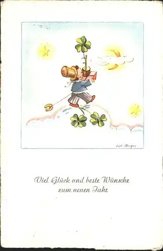 Neujahr Himmel Wolke Kind Kleeblaetter Hufeisen Mond Sterne Lotti Berger Kat. Greetings