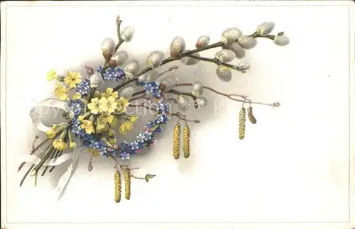 Ostern Easter Paques Schluesselblumen Weidenkaetzchen Hasel Litho / Greetings /