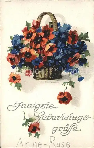 Geburtstag Mohnblumen Kornblumen Korb Litho Kat. Greetings