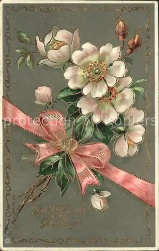 Geburtstag Rosen Schleife Litho Kat. Greetings