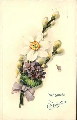 Ostern Easter Paques Dichter-Narzisse Veilchen Weidenkaetzchen Litho / Greetings /