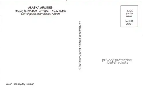 Flugzeuge Zivil Alaska Airlines Boeing B 737 4Q8 N763AS MSN 25100 Kat. Flug