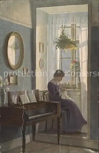 Kuenstlerkarte Alfred Broge Im Erker Handarbeit naehen Klavier Daenische Kunst Kat. Kuenstlerkarte