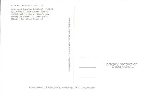 Flugzeuge Zivil LAM Linhas Aereas McDonnell Douglas DC 10 30 F GDJK c n 47849 Kat. Airplanes Avions