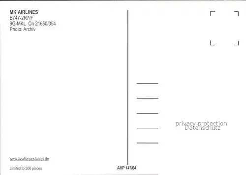 Flugzeuge Zivil MK Airlines B747 2R7 F 9G MKL cn 21650 354 Kat. Airplanes Avions