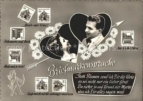 Briefmarkensprache Herzen Blumen Amor Pfeil Gedicht  Kat. Philatelie