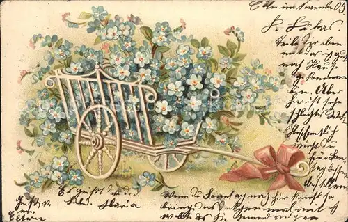 Blumen Vergissmeinnicht Holzwagen Schleife Litho Kat. Pflanzen