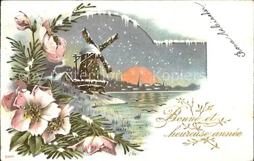 Windmuehle Neujahr Blumen Sonnenuntergang Litho Kat. Gebaeude und Architektur
