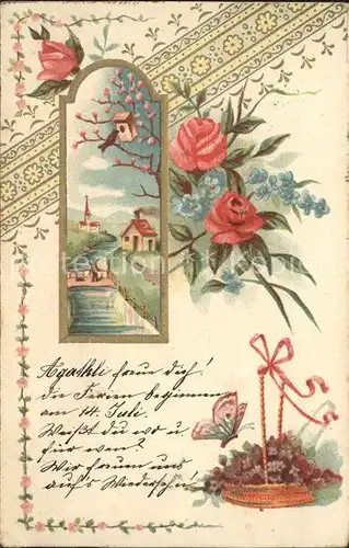 Schmetterlinge Rosen Vergissmeinnicht Litho Kat. Tiere