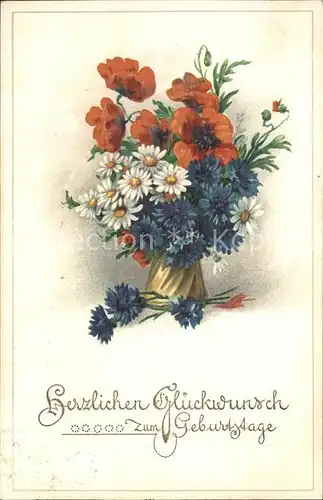 Geburtstag Mohnblumen Margeriten Kornblumen Litho Kat. Greetings