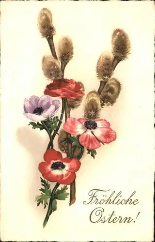 Ostern Easter Paques Anemonen Weidenkaetzchen Litho / Greetings /