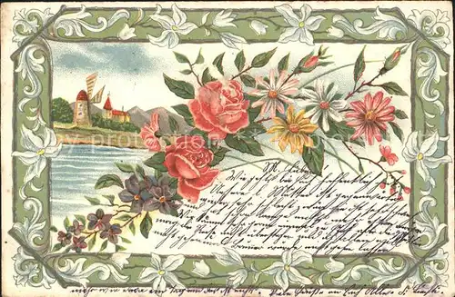 Rosen Veilchen Margeriten Windmuehle Litho Kat. Pflanzen