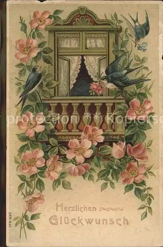 Glueckwunsch Rosen Schwalben Fenster Litho Kat. Greetings