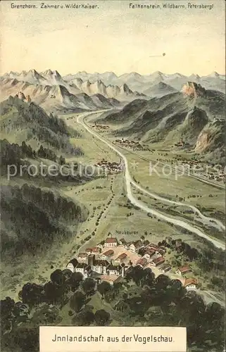 Panoramakarte Innlandschaft Neubeuren Grenzhorn Zahmer Wilder Kaiser Litho / Besonderheiten /