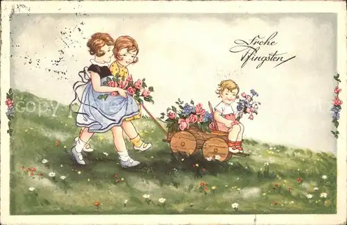 Pfingsten Pentecost Pentecote Kinder Blumen Holzwagen / Greetings /