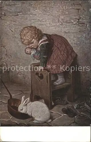 Kaulbach Hermann Hasenfuesse Nr. 40 Kind Puppe Hase Pfanne  Kat. Kuenstlerkarte