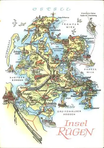 Landkarte auf Ak Insel Ruegen Sassnitz Stralsund Schaabe Ralswiek Kat. Besonderheiten