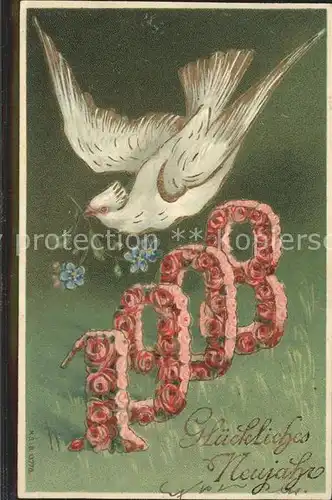 Jahreszahl 1908 Taube Neujahr Rosen Vergissmeinnicht Litho Kat. Greetings Neujahr