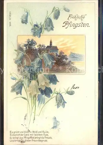 Pfingsten Pentecost Pentecote Glockenblumen Gedicht Litho  Kat. Greetings