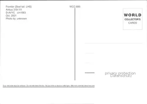 Flugzeuge Zivil Frontier Seal tail. Airbus 319 111 D AVYC c n 1583 Kat. Airplanes Avions