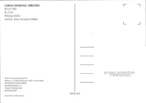 Flugzeuge zivil China Xingjiang Airlines B737 700 B 2162 Peking Kat. Airplanes Avions