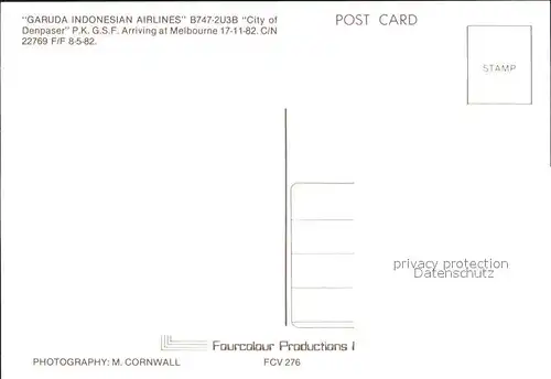 Flugzeuge Zivil Garuda Indonesian Airlines B747 2U3B C N 22769 F F 8 5 82 Kat. Airplanes Avions