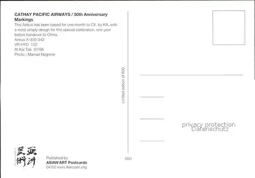 Flugzeuge Zivil Cathay Pacific Airways 50th Anniversary Markings Airbus A 330 342 VR HYD 132 Kat. Airplanes Avions