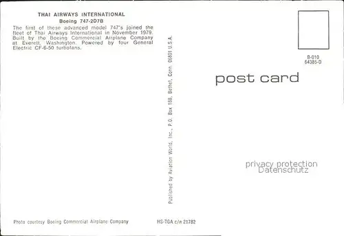 Flugzeuge Zivil Thai Airways International Boeing 747 2D7B HS TGA c n 21782 Kat. Airplanes Avions