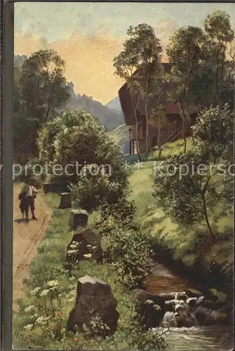 Hoffmann Heinrich Fruehmorgens im Schwarzwald  Kat. Kuenstlerkarte