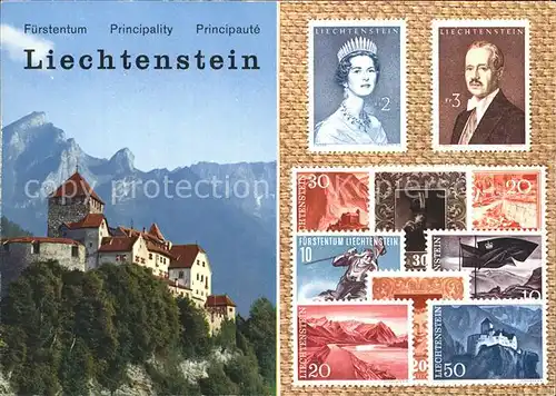 Briefmarke auf Ak Fuerstentum Liechteinstein Schloss Vaduz Falknis Kat. Besonderheiten