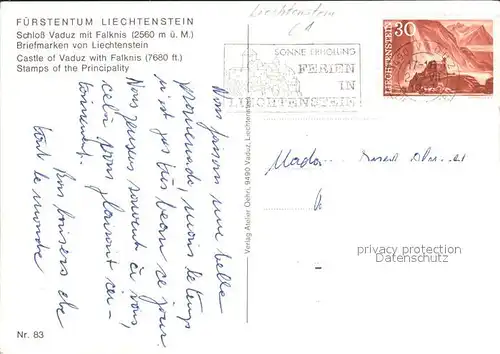 Briefmarke auf Ak Fuerstentum Liechtenstein Schloss Vaduz Kat. Besonderheiten