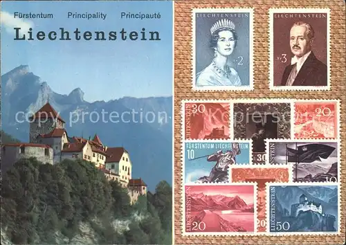 Briefmarke auf Ak Fuerstentum Liechtenstein Schloss Vaduz Kat. Besonderheiten