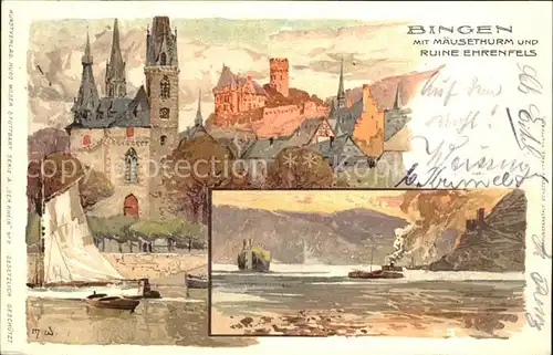 Wielandt Manuel Litho Bingen Maeuseturm Ruine Ehrenfels  Kat. Kuenstlerkarte