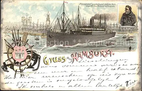 Dampfer Oceanliner Pennsylvania Hamburg Anker Steuerrad Litho  Kat. Schiffe