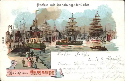 Segelschiffe Hamburg Landungsbruecken Litho Kat. Schiffe