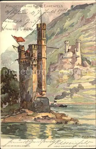 Pfaff C. Maeuseturm Ruine Ehrenfels Litho Kat. Kuenstlerlitho