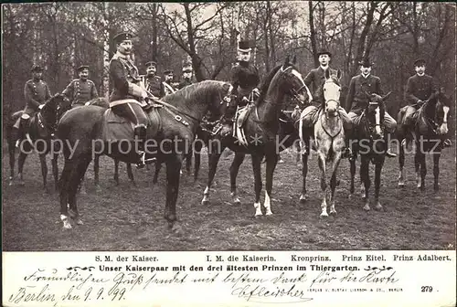 Adel Preussen Wilhelm II. Kaiserin Auguste Viktoria Prinzen Tiergarten Pferde Kat. Koenigshaeuser