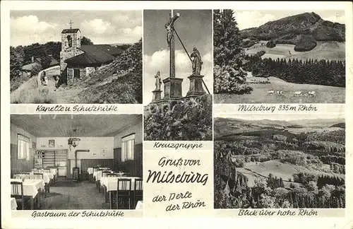 Milseburg Kapelle Schutzhuette Gastraum Kreuzgruppe Panorama Hohe Rhoen Kat. Hilders