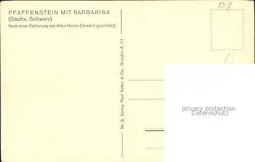 Saechsische Schweiz Pfaffenstein mit Barbarina Radierung Kat. Rathen Sachsen