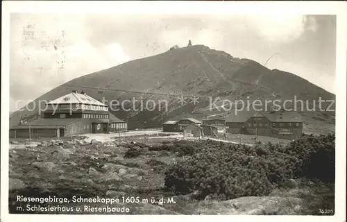 Schneekoppe Snezka mit Schlesierhaus und Riesenbaude Kat. Riesengebirge Krkonose