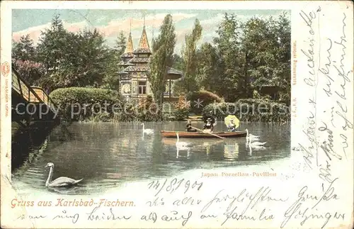 Fischern Karlsbad Japanischer Porzellan Pavillon Teich Schwaene