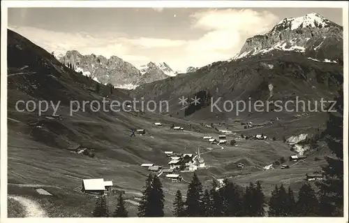 St Antoenien GR Panorama mit Scheienfluh und Schollberg Raetikon Kat. St Antoenien