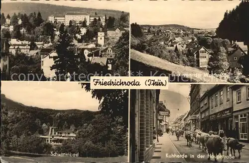 Bad Friedrichroda Schwimmbad Kuhherde in der Hauptstrasse Blick von der Waldstrasse Kat. Friedrichroda