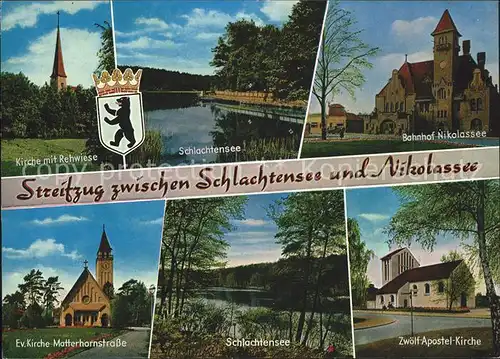 Schlachtensee Kirche mit Rehwiese Schlachtensee Bahnhof Nikolassee Ev Kirche Zwoelf Apostel Kirche Kat. Berlin