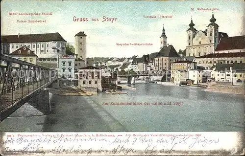 Steyr Enns Oberoesterreich Zusammenfluss der Enns und Steyr Bruecke Schloss Kirche Kat. Steyr