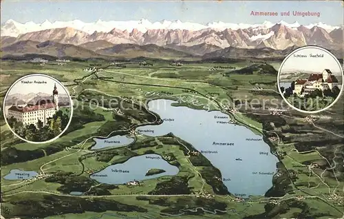 Ammersee und Umgebung Alpenpanorama Schoss Seefeld Kloster Andechs Kat. Utting a.Ammersee