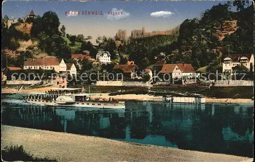 Rathen Saechsische Schweiz Uferpartie an der Elbe Raddampfer Felsen Elbsandsteingebirge Kat. Rathen Sachsen