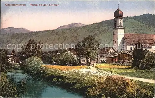 Oberammergau Partie an der Ammer Kirche Kat. Oberammergau