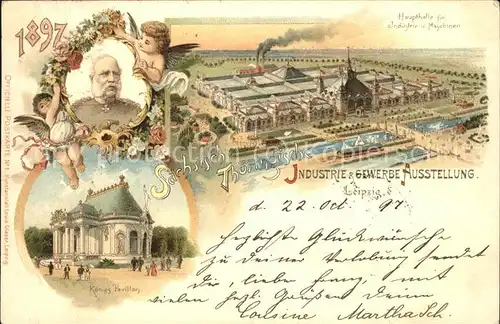 Ausstellung Industrie Gewerbe Leipzig 1897 Koenig Albert von Sachsen Engel Koenigs-Pavillon Litho /  /