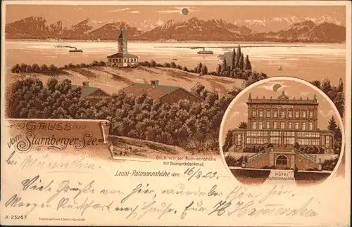 Starnbergersee Blick von der Rottmannshoehe mit Bismarckdenkmal Hotel Rottmannshoehe / Starnberg /Starnberg LKR